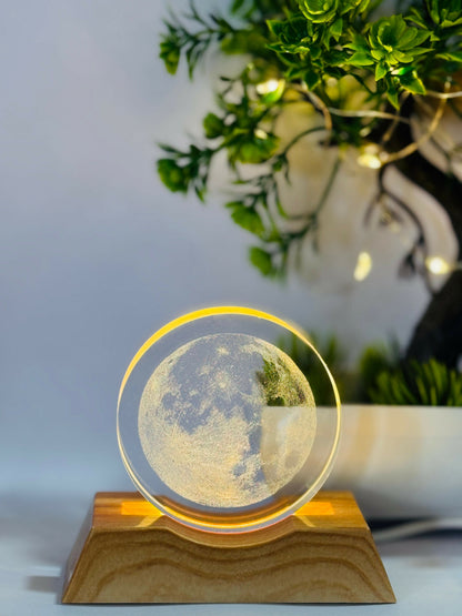 3D Moon LED Night Lamp with Wooden Base | Laser Engraved Full Moon Acrylic Light for Bedroom, Home Decor, Desk & Gifting | Lunar Glow Ambient Lamp with USB Power | Celestial Mood Light